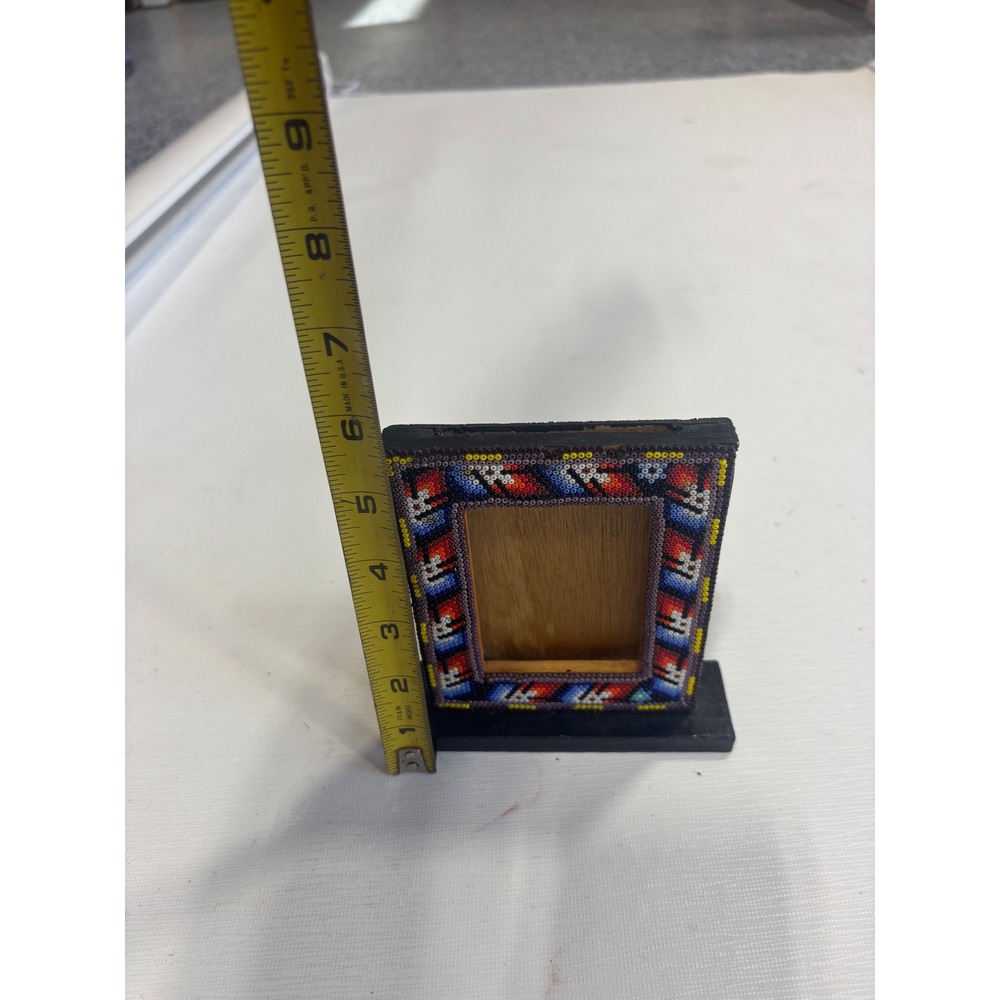 Handmade Beaded Wood Picture Frame Geometric Folk Art Multi Color Small 4x3.5 - Picture 2 of 6